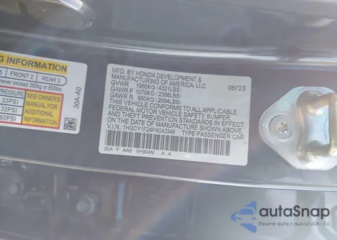 2023 Honda Accord Lx z USA, uszkodzony, nr VIN 1HGCY1F24PA043346